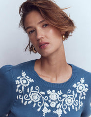 Davina Puff Sleeve Sweater-Denim Blue Embroidery / Boden Online