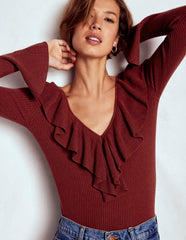 Ruffled Rib Henley Sweater-Chestnut / Boden Online