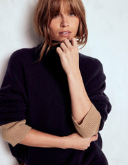 Polly Merino Roll Neck Sweater-Navy, Warm Taupe Colour Block / Boden