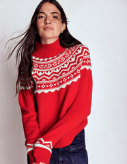 Marion Merino Rib Neck Sweater-Poppy Red Fair Isle / Boden Sale