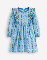 Long Sleeve Ruffle Dress-Glacier Blue Garden Stripe / Boden