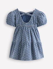 Puff Sleeve Cross Back Dress-Chambray Broderie / Boden Sale
