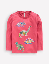 Frill Neck Appliqué T-shirt-Rose Pink Dinosaurs / Boden Outlet