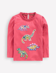 Frill Neck Appliqué T-shirt-Rose Pink Dinosaurs / Boden Outlet