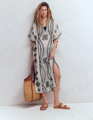 Side Tie Kaftan Dress-White Black Embroidered / Boden Sale