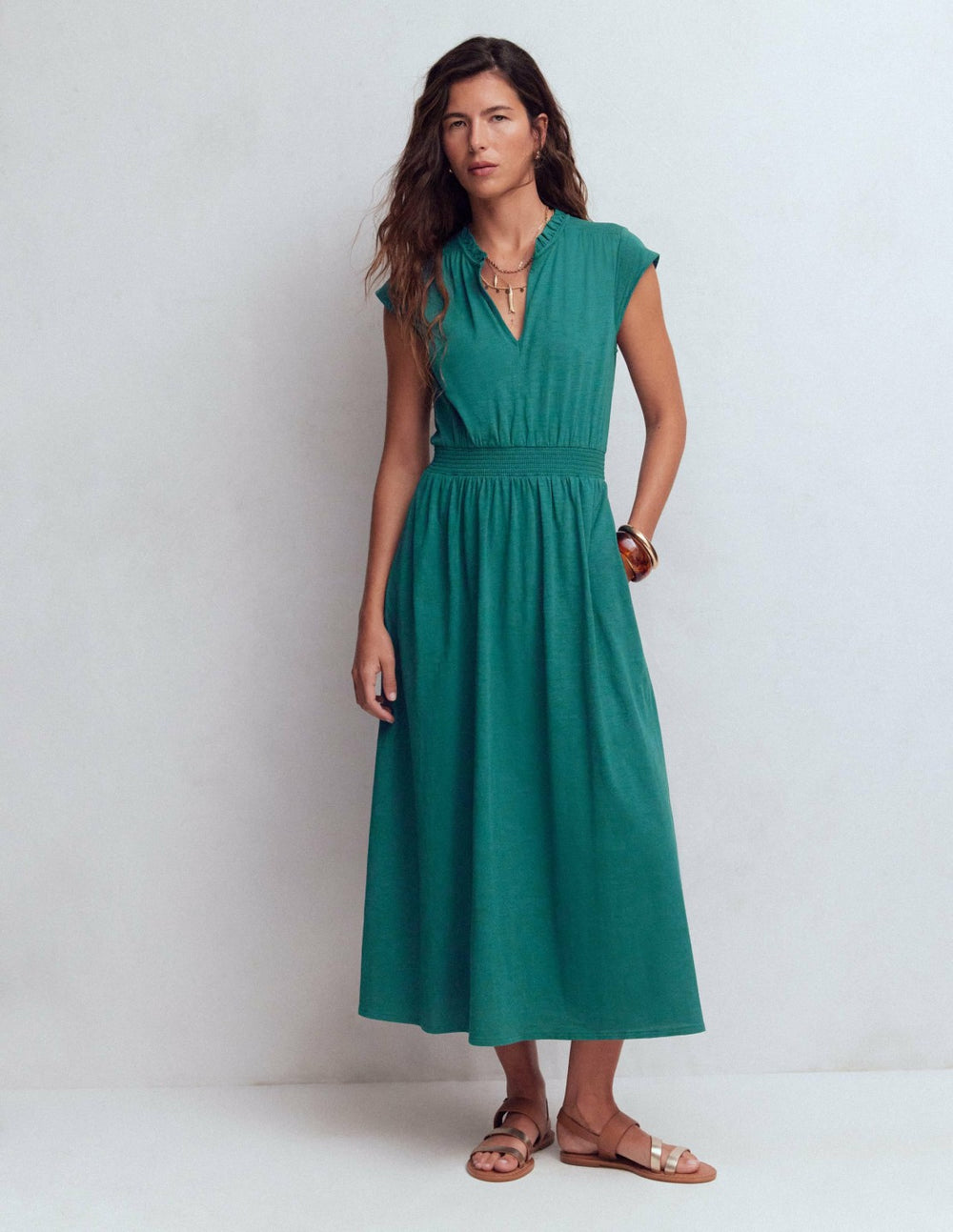 Alba Smocked Jersey Midi Dress-Drake Green / Boden