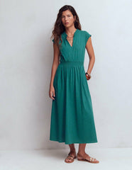 Alba Smocked Jersey Midi Dress-Drake Green / Boden