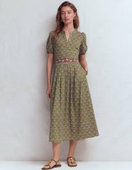 Amber Pleat Jersey Midi Dress-Olive, Flower Lattice / Boden