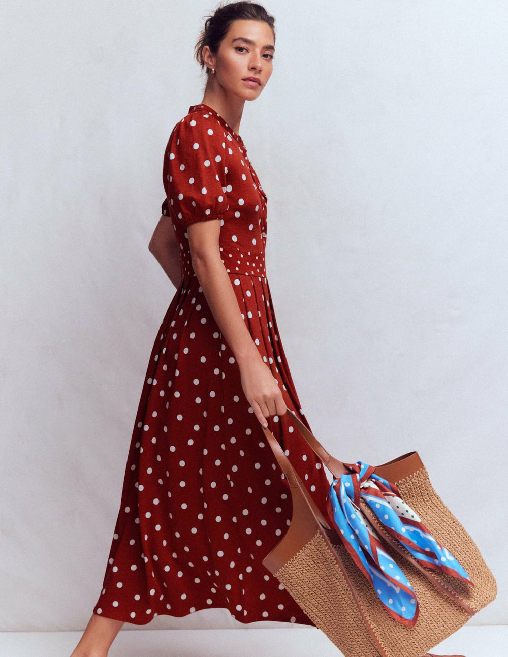 Amber Pleat Jersey Midi Dress-Burnt Orange, Painted Dot / Boden
