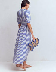 Double Cloth Puff Sleeve Dress-Blue Ivory Stripe / Boden Discount