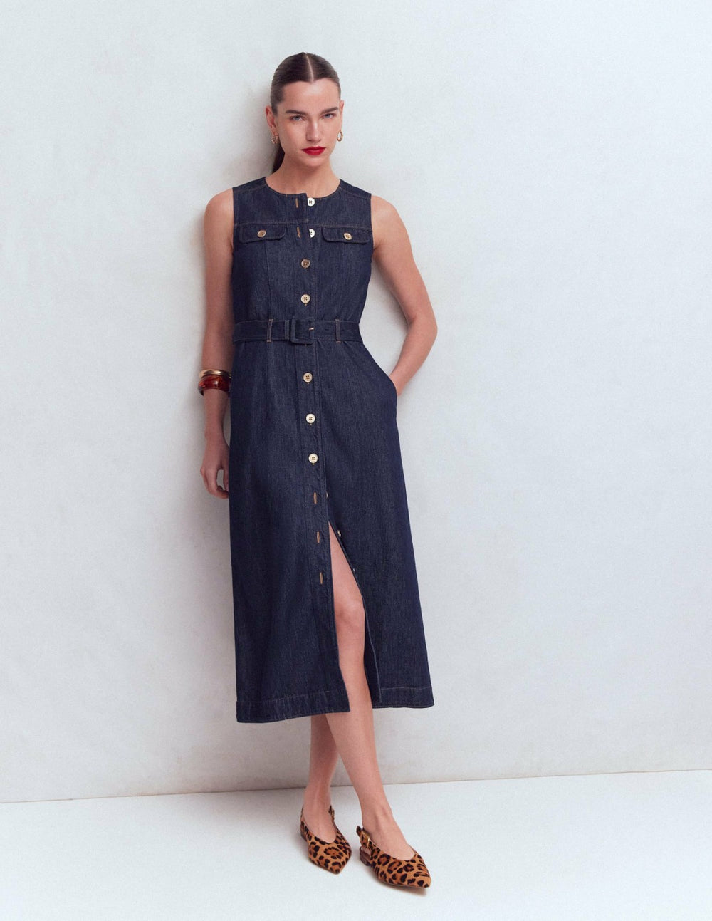 Gold Button Denim Midi Dress-Indigo / Boden Online