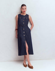 Gold Button Denim Midi Dress-Indigo / Boden Online