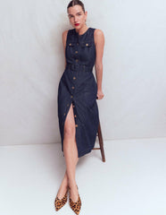 Gold Button Denim Midi Dress-Indigo / Boden Online
