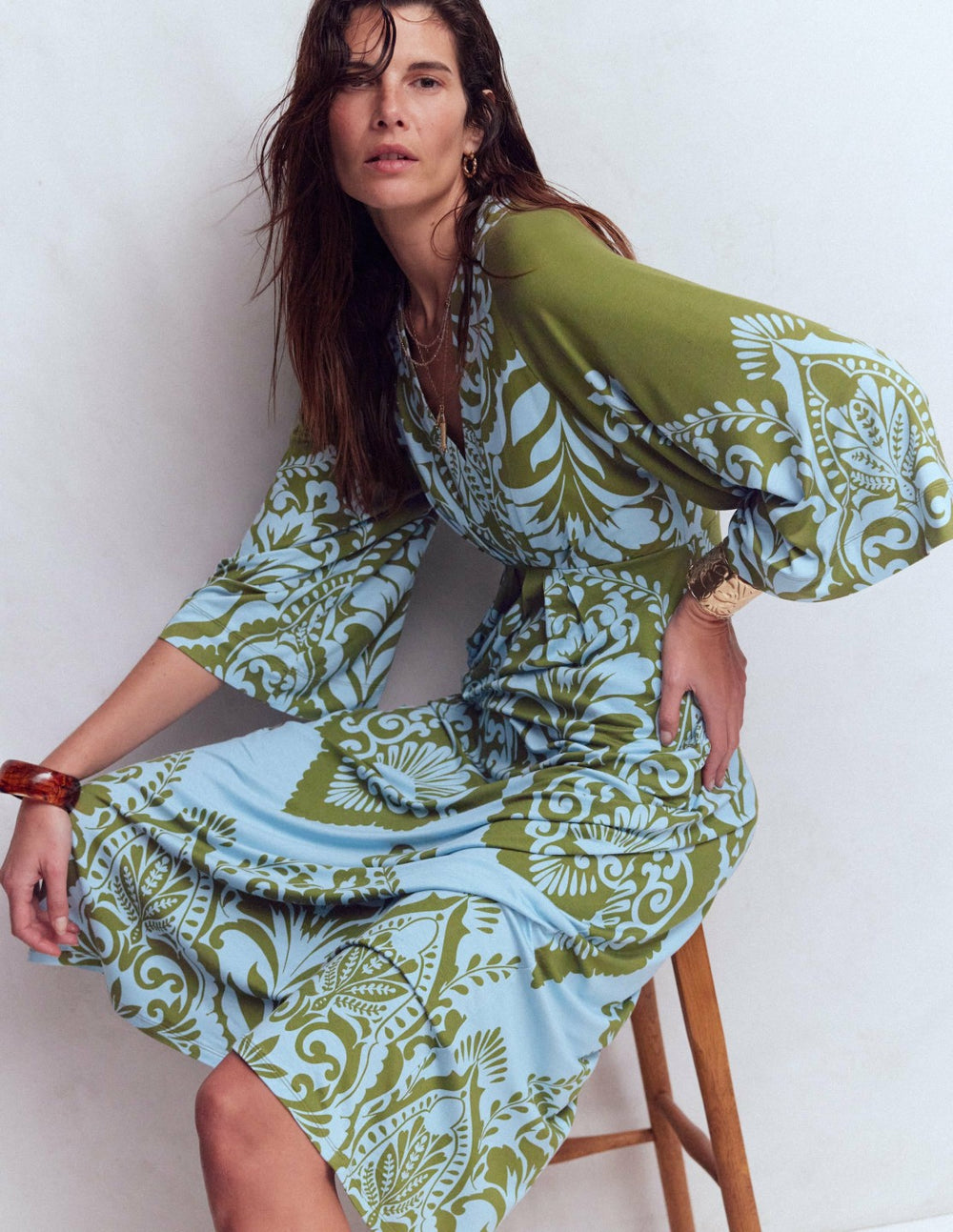 Nell Kimono Midi Jersey Dress-Olive, Ornamental Garden / Boden Online