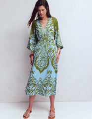 Nell Kimono Midi Jersey Dress-Olive, Ornamental Garden / Boden Online