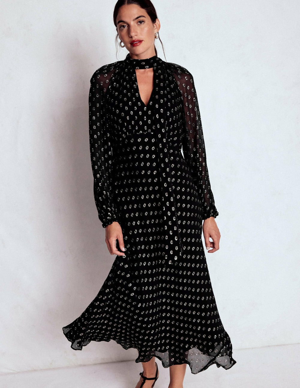 Tie Neck Midi Dress-Black and Silver Clip / Boden