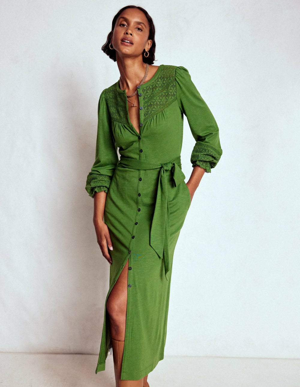 Pippa Broderie Jersey Dress-Promenade Green / Boden On sale