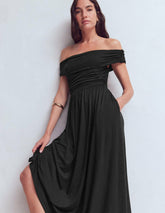 Ruched Bardot Jersey Dress-Black / Boden