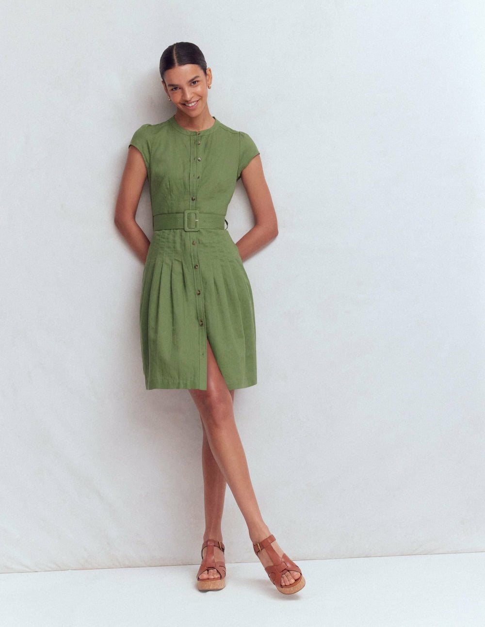 Arabella Short Linen Dress-Safari Green / Boden Discount