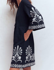 Short Kaftan Jersey Dress-Navy Embroidered / Boden Sale