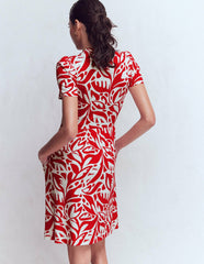 Naomi Short Sleeve Dress-Merida Red, Leafy Cascade Mono / Boden