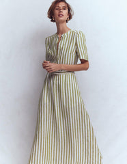 Ivy Placket Linen Midi Dress-Olive, Ivory Stripe / Boden us