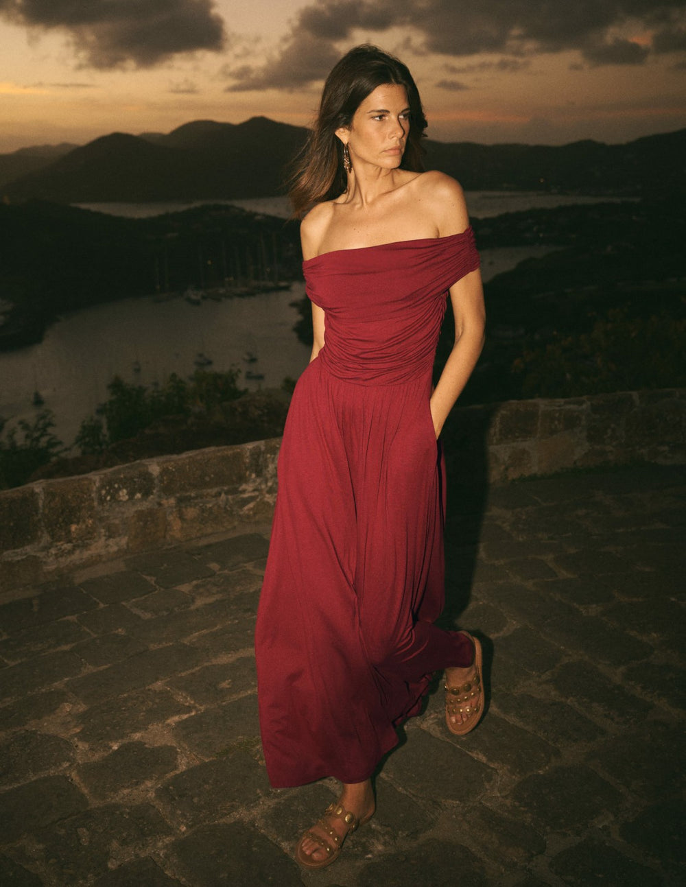 Ruched Bardot Jersey Dress-Burgundy / Boden