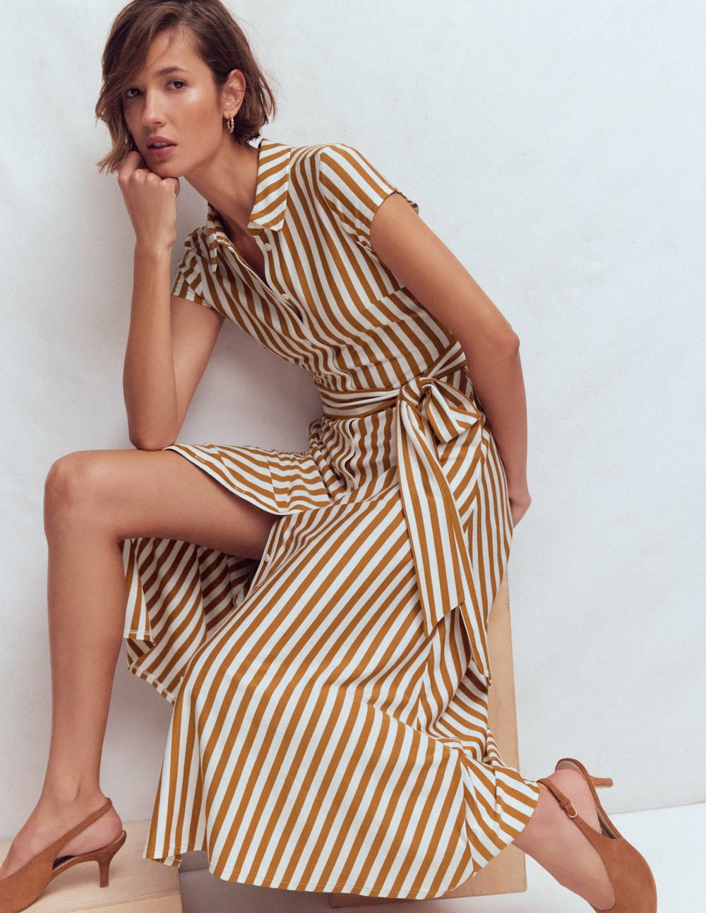 Marcia Jersey Shirt Dress-Cognac and Ivory Stripe / Boden