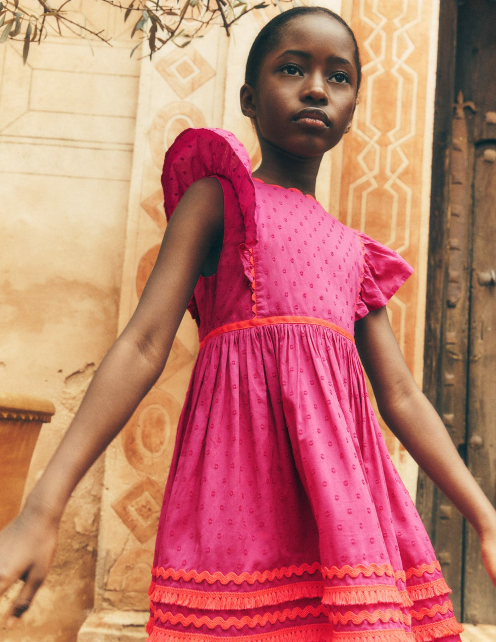 Flutter Sleeve Ric Rac Dress-Bright Pink / Boden Online