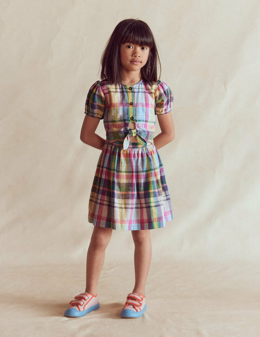 Tie Front Woven Dress-Blue, Pink and Green Check / Boden Outlet