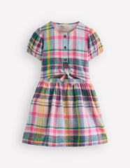 Tie Front Woven Dress-Blue, Pink and Green Check / Boden Outlet