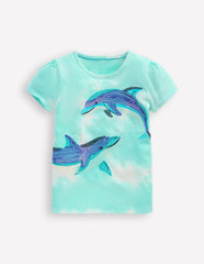 Puff Sleeve Superstitch Top-Blue Dolphins / Boden us