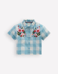 Short Sleeve Relaxed Shirt-Blue Gingham Embroidery / Boden Sale