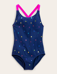 Cross-Back Printed Swimsuit-Rainbow Foil Confetti Spot / Boden Discount