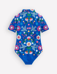 Short-sleeved Swimsuit-Kingfisher Blue Bird Floral / Boden Discount