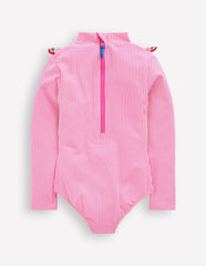 Long Sleeve Frill Swimsuit-Pink Glo Stripe Rainbow / Boden On sale