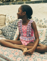 Frill Peplum Swimsuit-Pink Multi Woodblock / Boden On sale