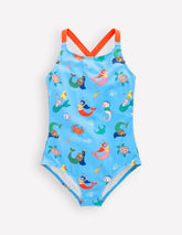 Cross-Back Printed Swimsuit-Cabana Blue Mermaids / Boden Discount