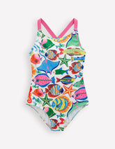 Cross-Back Printed Swimsuit-Multi Fishes / Boden