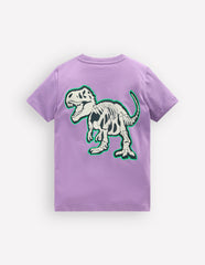 Front and Back Glow T-shirt-Aster Purple, Dino Skeleton / Boden