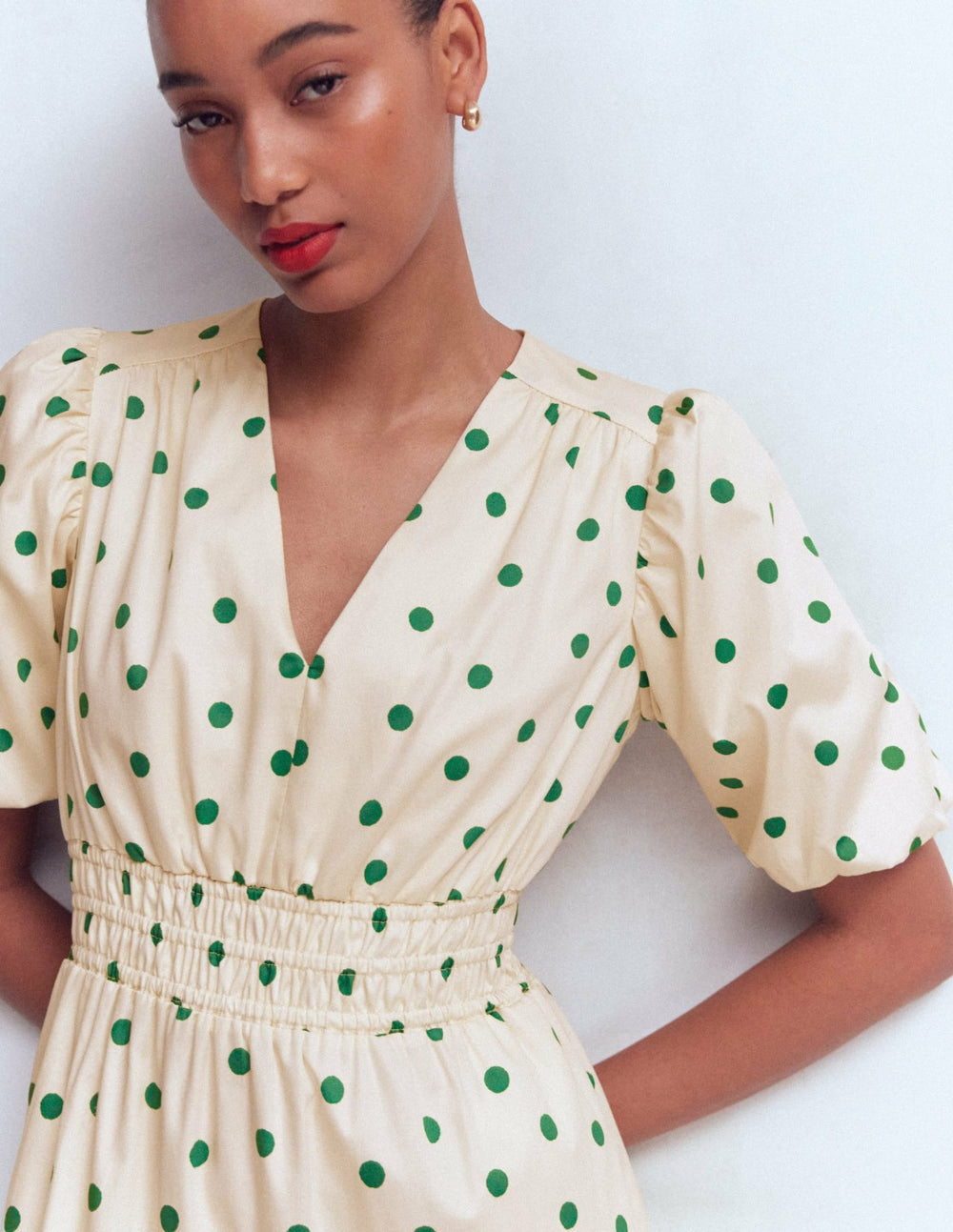 Irene Puff Sleeve Cotton Dress-Ivory Green Spot / Boden