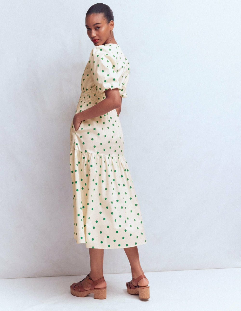 Irene Puff Sleeve Cotton Dress-Ivory Green Spot / Boden