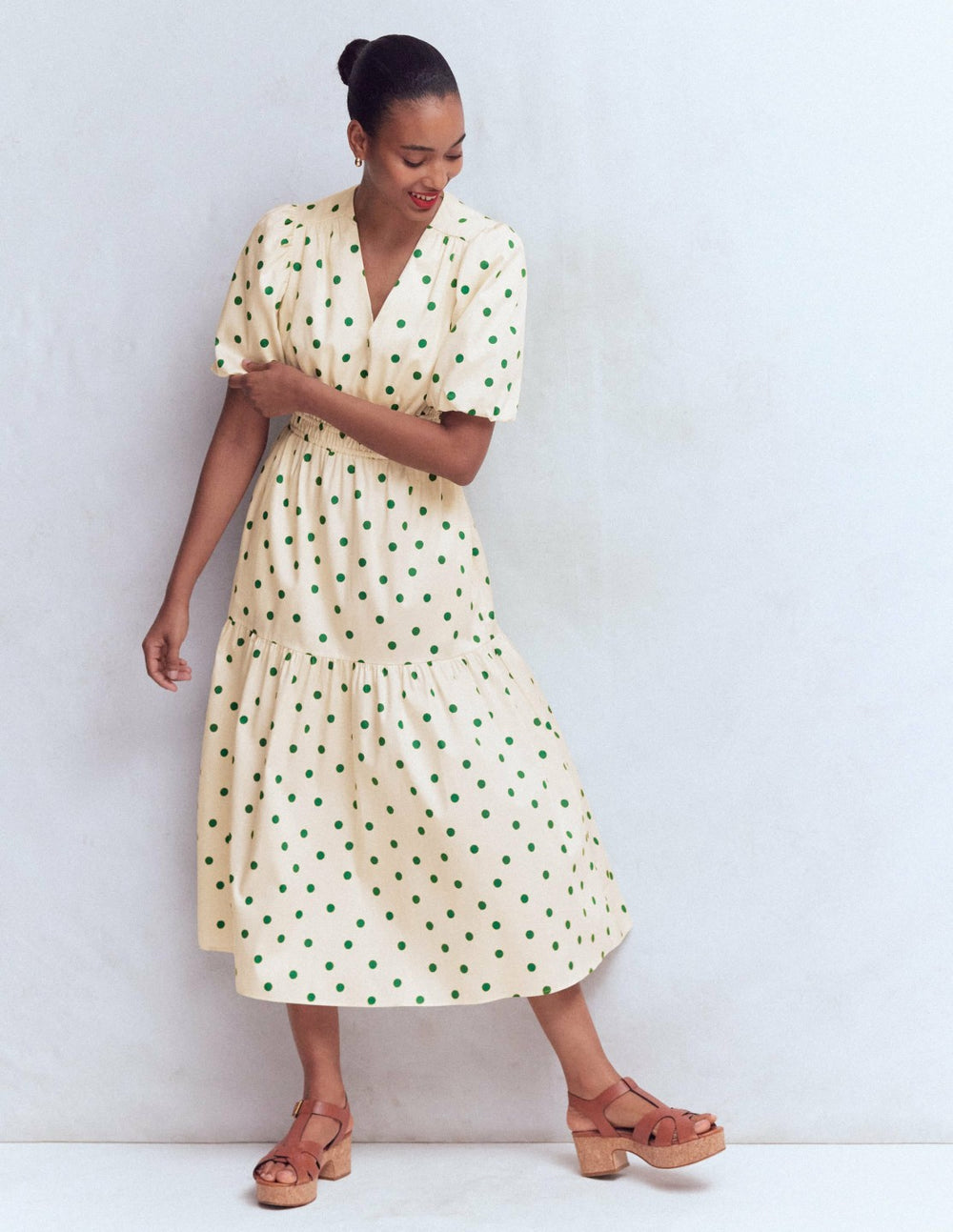 Irene Puff Sleeve Cotton Dress-Ivory Green Spot / Boden