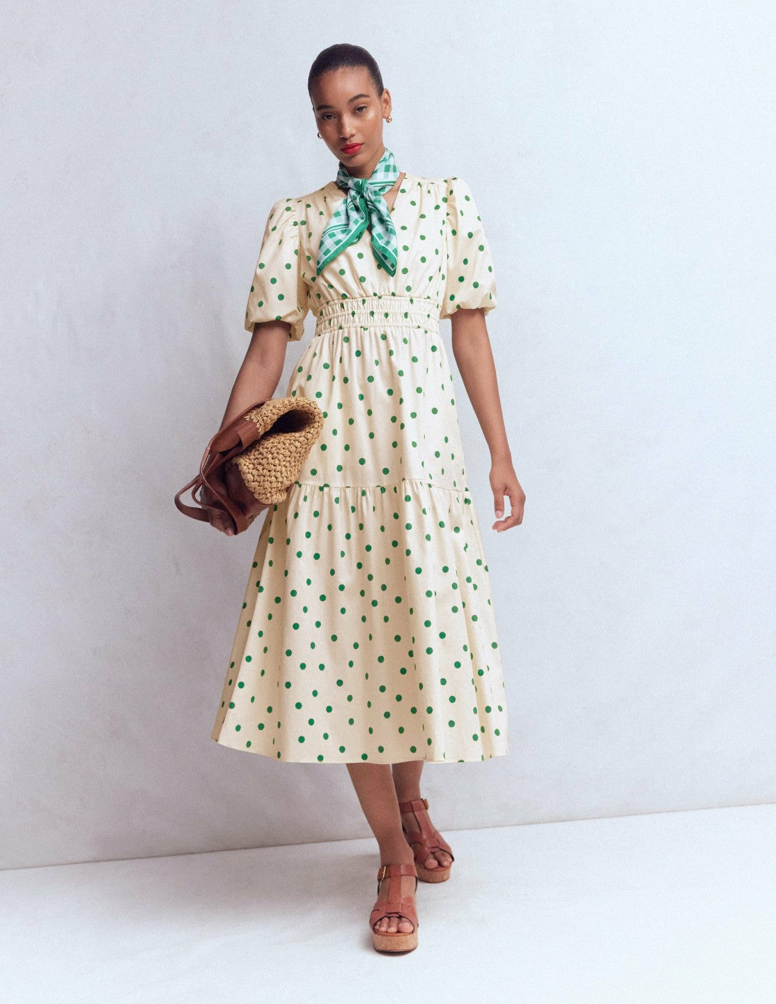 Irene Puff Sleeve Cotton Dress-Ivory Green Spot / Boden