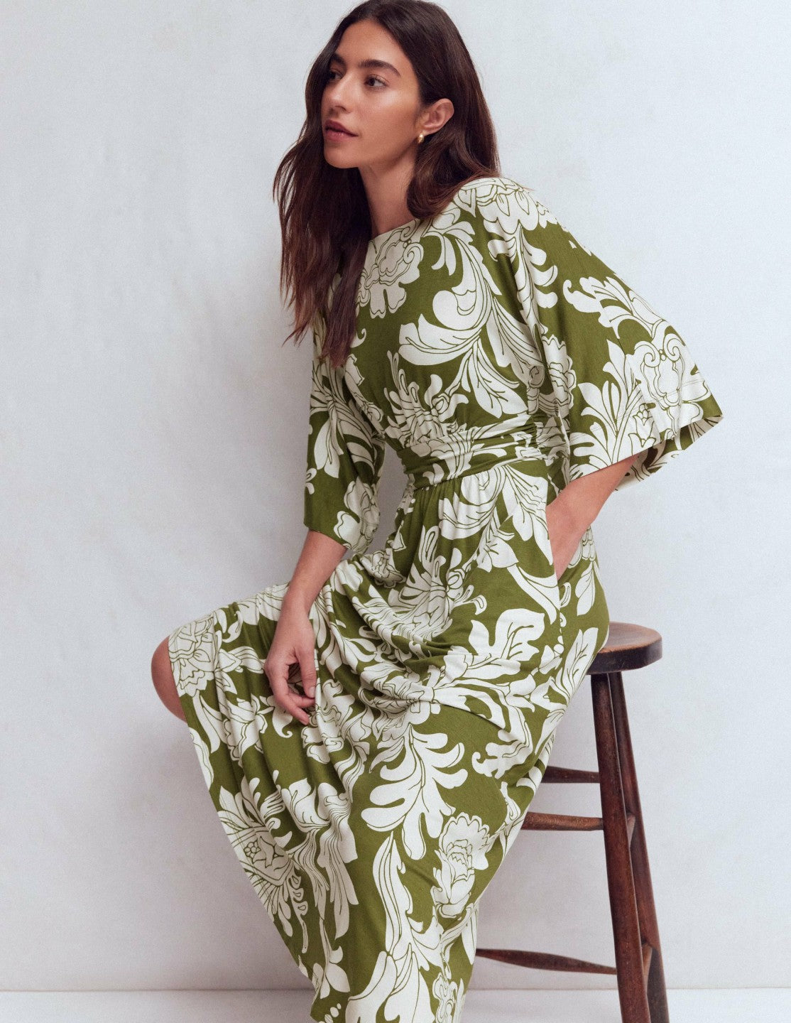 Imelda Kimono Jersey Dress-Olive, Botanical Flourish Mono / Boden Outlet