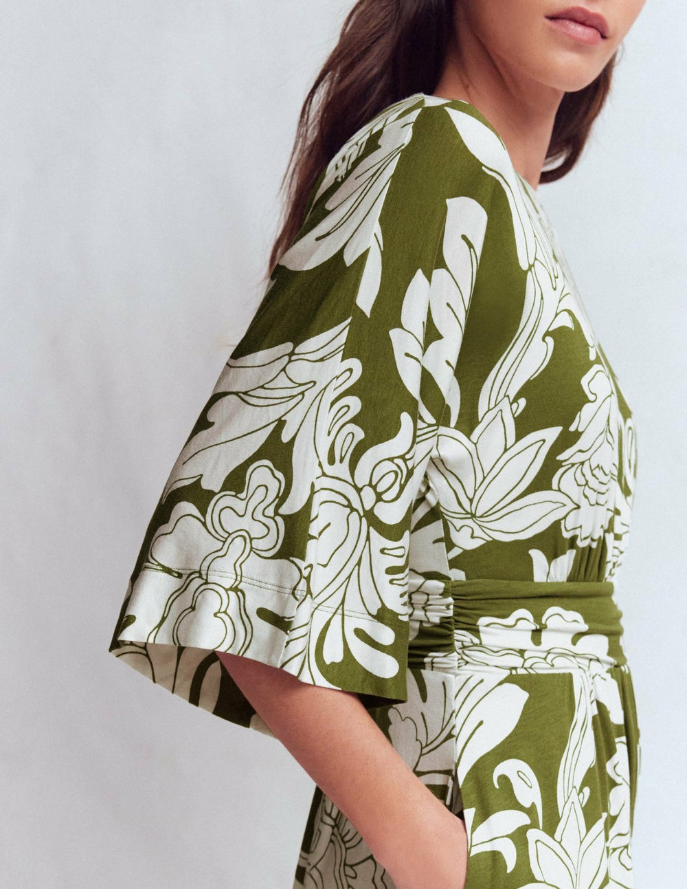 Imelda Kimono Jersey Dress-Olive, Botanical Flourish Mono / Boden Outlet