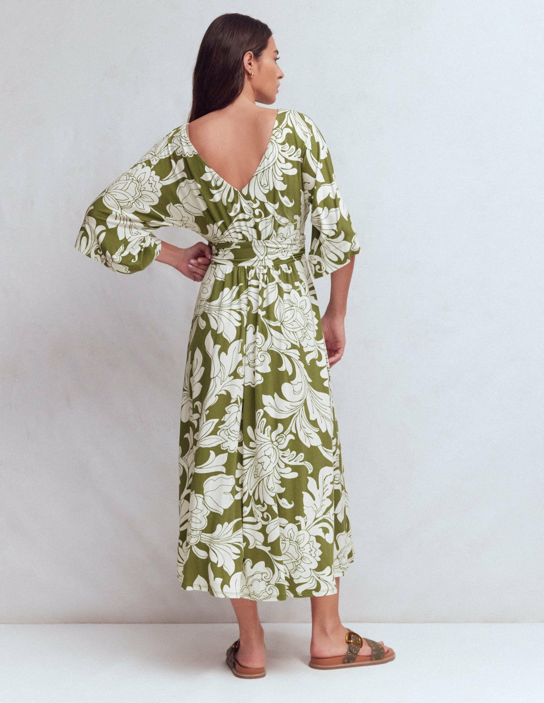 Imelda Kimono Jersey Dress-Olive, Botanical Flourish Mono / Boden Outlet