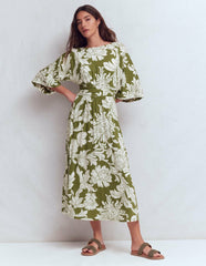 Imelda Kimono Jersey Dress-Olive, Botanical Flourish Mono / Boden Outlet