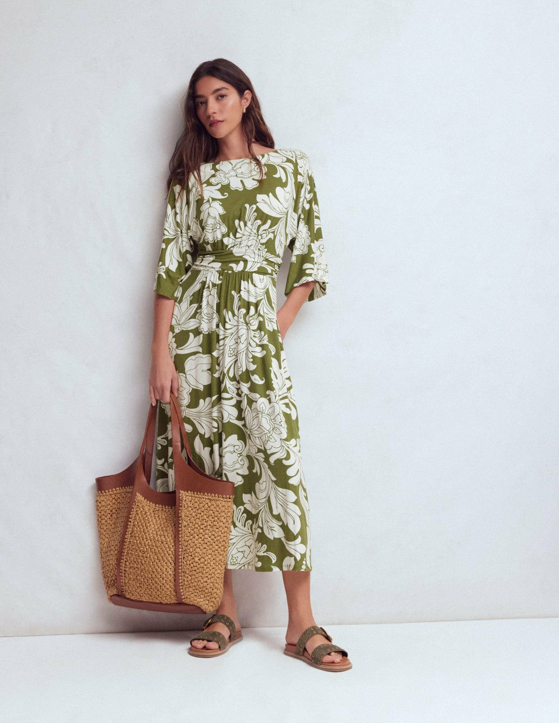 Imelda Kimono Jersey Dress-Olive, Botanical Flourish Mono / Boden Outlet