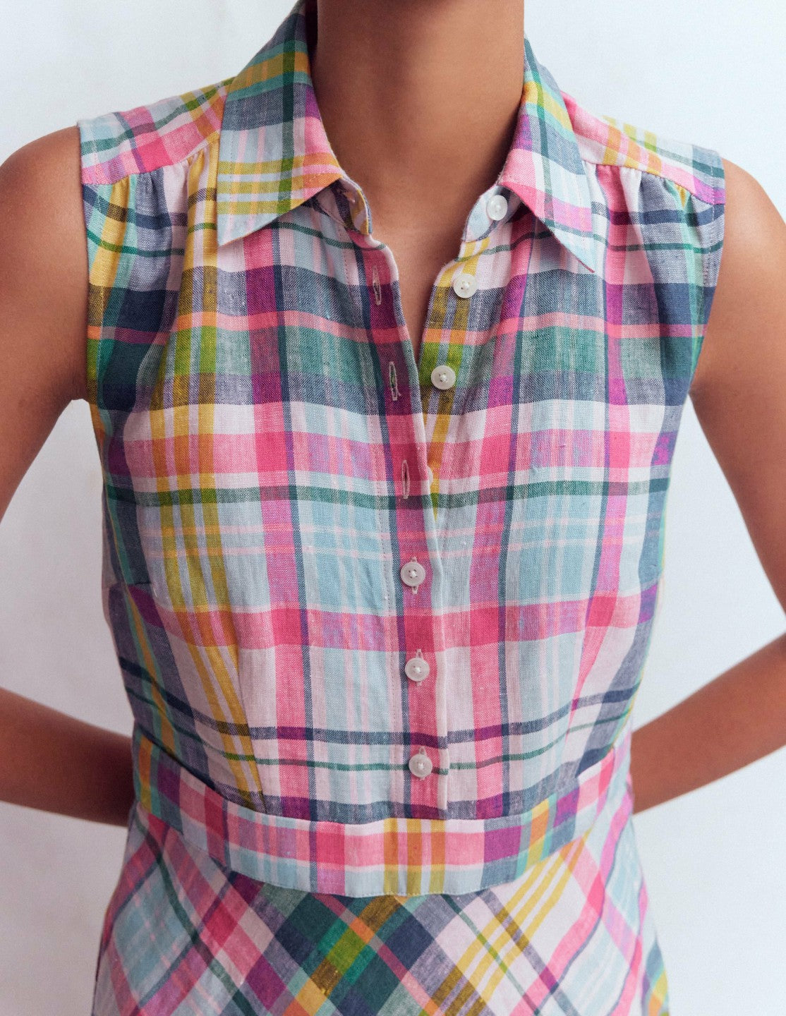 Erma Drop Waist Linen Dress-Blue, Pink and Green Madras / Boden us